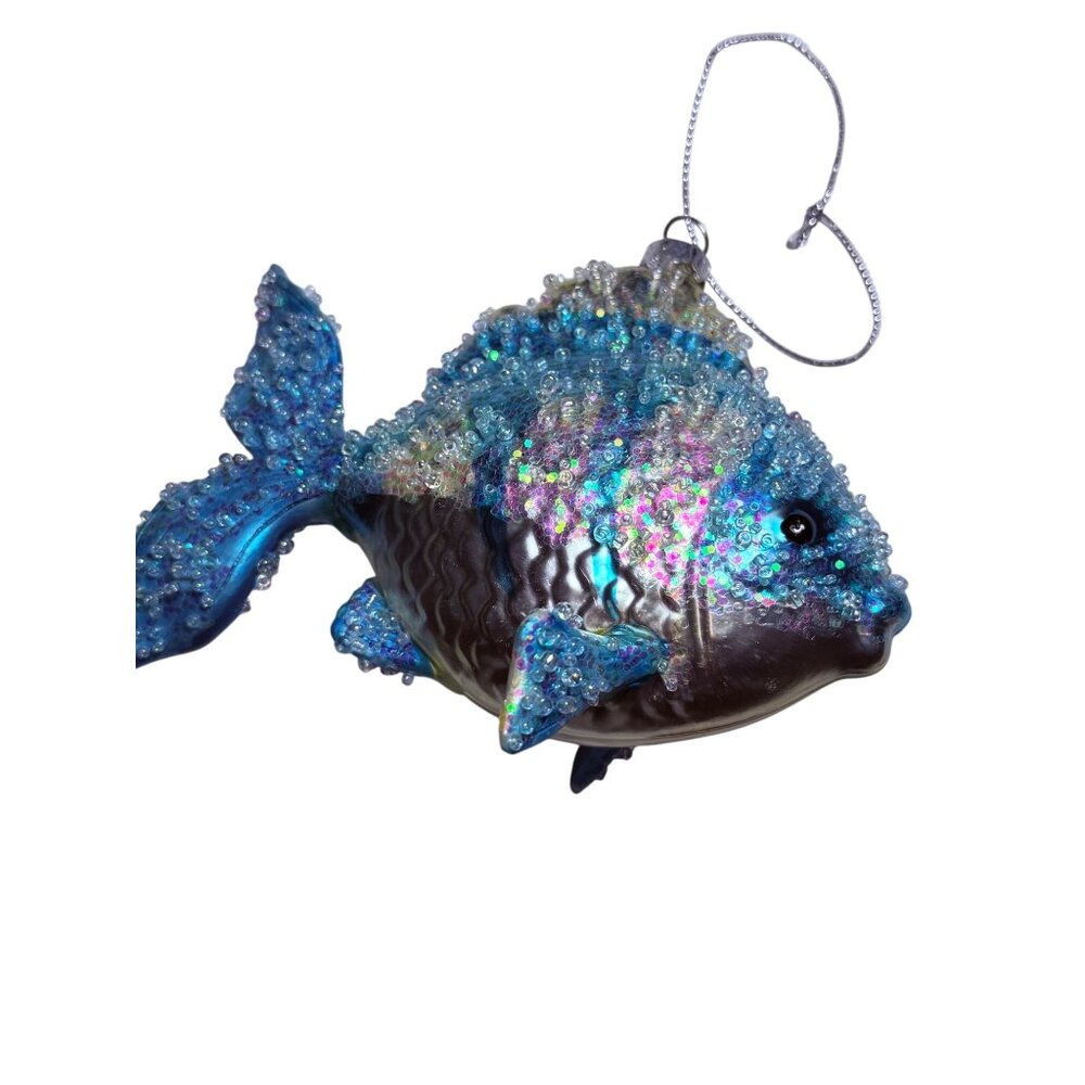 Sparkly Blue Fish Christmas Ornament With Beaded Details & Shimmer Blown Glass